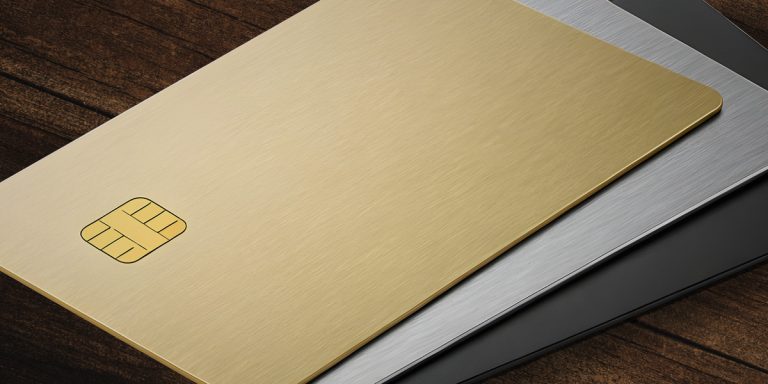 Illustration of metal cards stacked on a tabletop