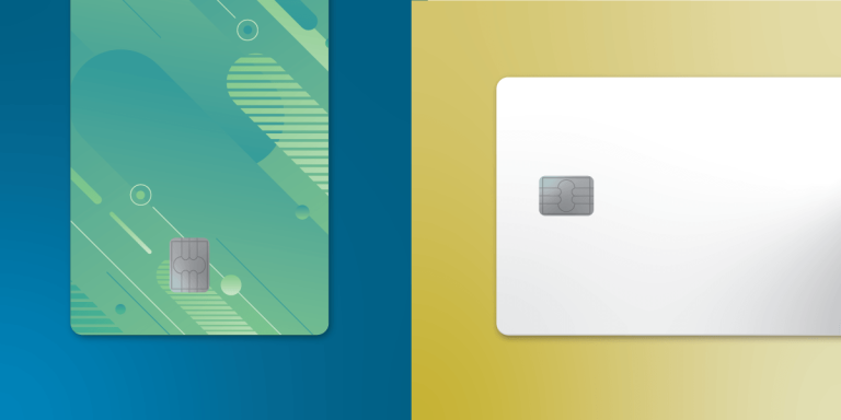 Illustration of two different instant issuance payment cards printed by either retransfer or direct-to-card for financial institutions